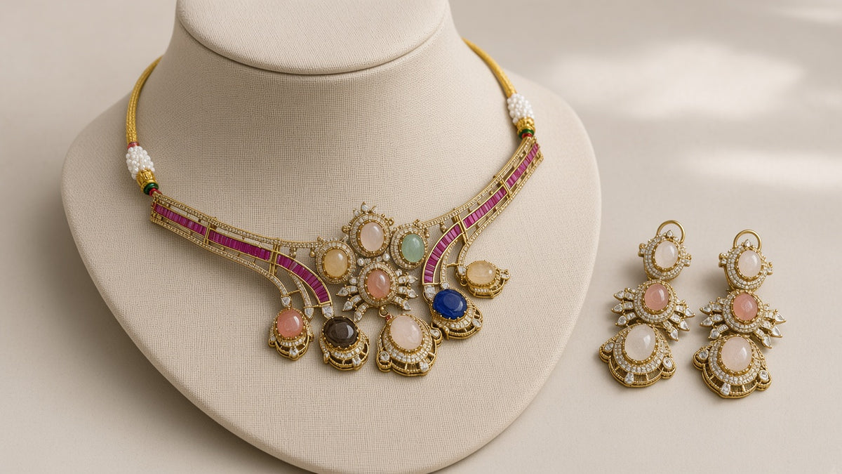 Rani Gulabi Kundan-Style Choker Set, shown on a display bust