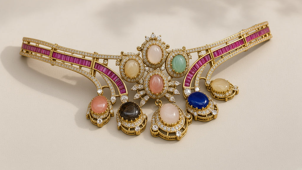 Rani Gulabi Kundan-Style Choker Set, close detail of the stone setting