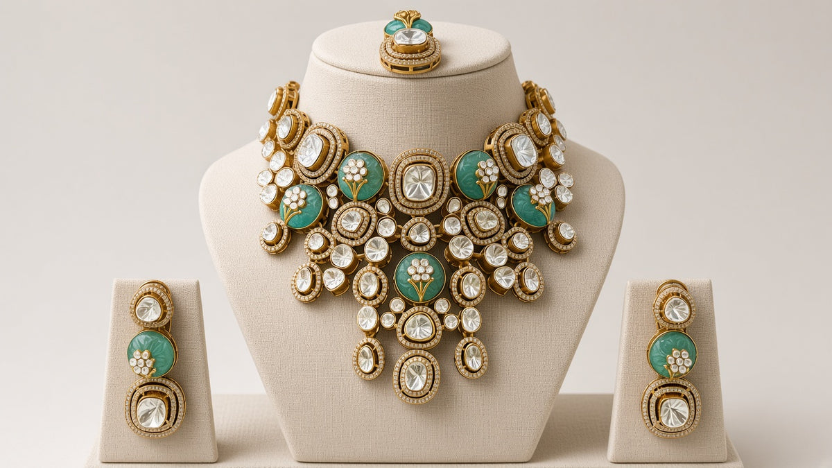 Maharani Sabz Polki-Style Bridal Choker Set, shown on a display bust