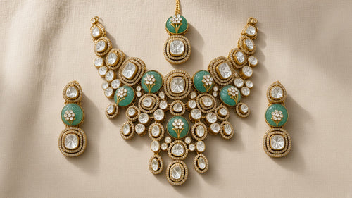 Maharani Sabz Polki-Style Bridal Choker Set, laid flat, full set
