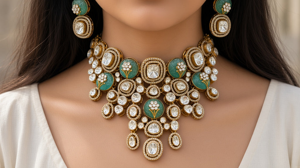 Maharani Sabz Polki-Style Bridal Choker Set, worn, shown to scale