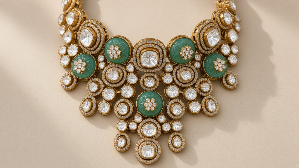 Maharani Sabz Polki-Style Bridal Choker Set, close detail of the stone setting