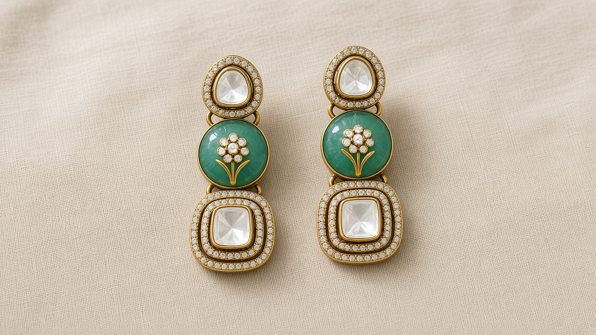 Maharani Sabz Polki-Style Bridal Choker Set, matching earrings