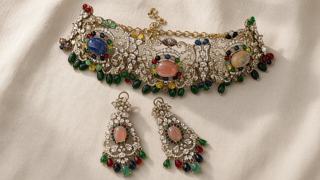 Navratna Jaal Choker Set, laid flat, full set