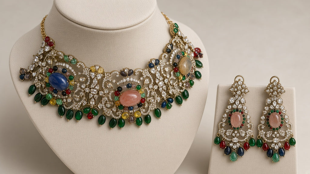 Navratna Jaal Choker Set, shown on a display bust