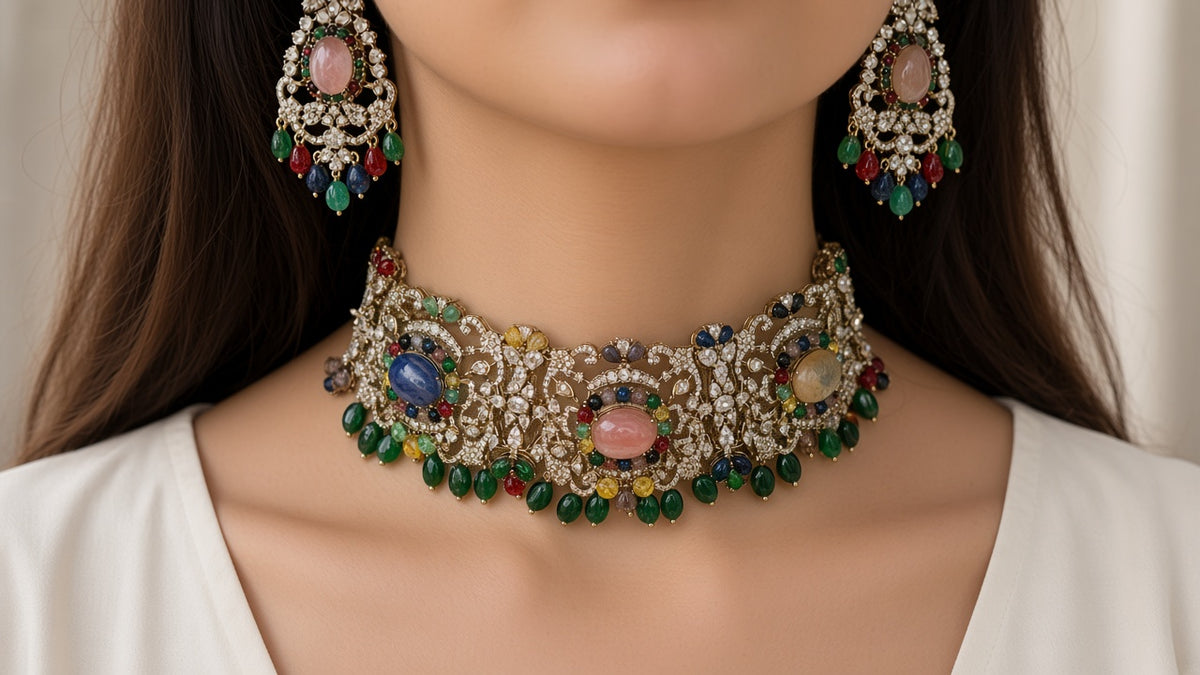 Navratna Jaal Choker Set, worn