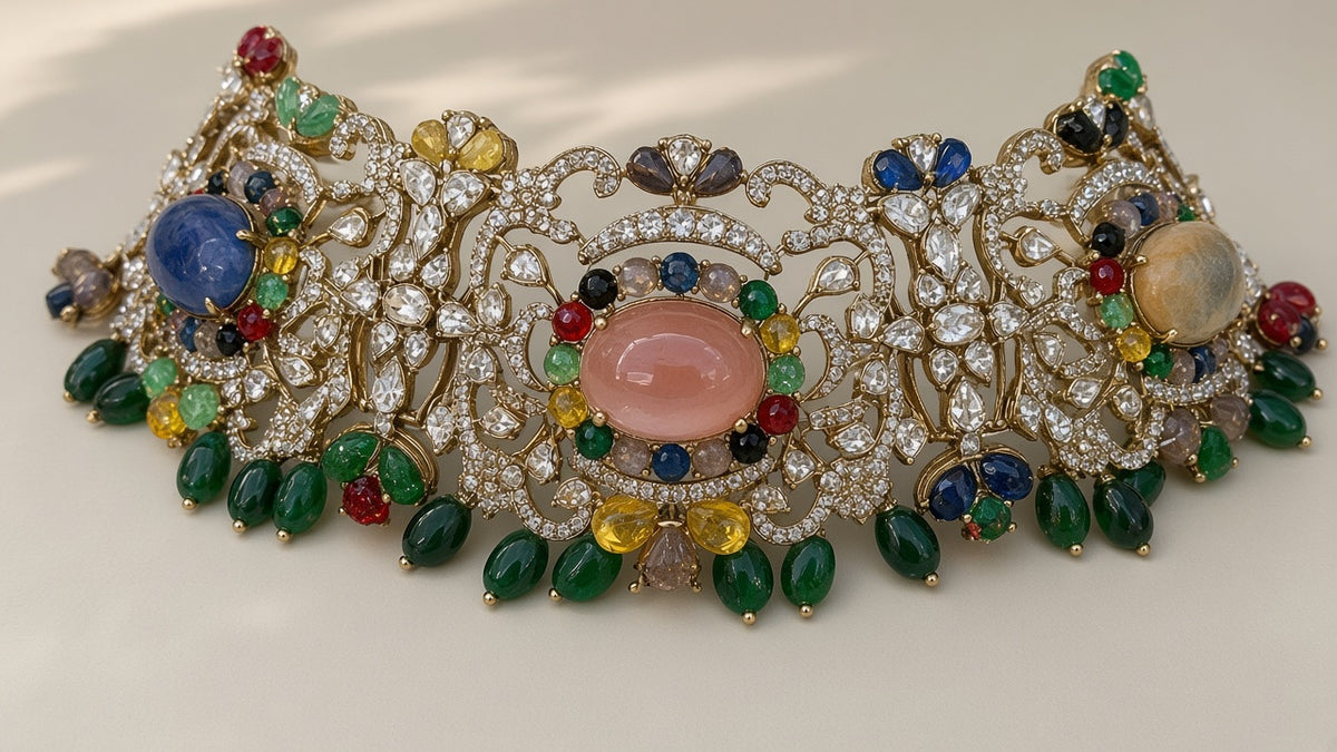 Navratna Jaal Choker Set, close detail of the stone setting