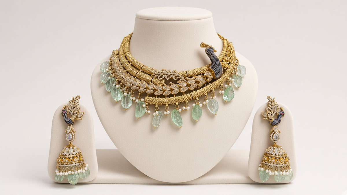 Mayura Sabz Peacock Choker Set, shown on a display bust