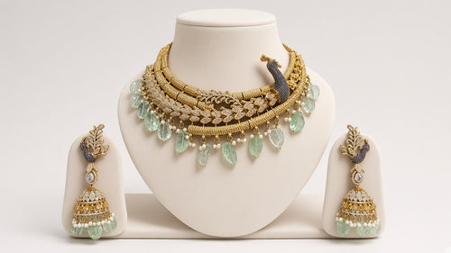 Mayura Sabz Peacock Choker Set, shown on a display bust