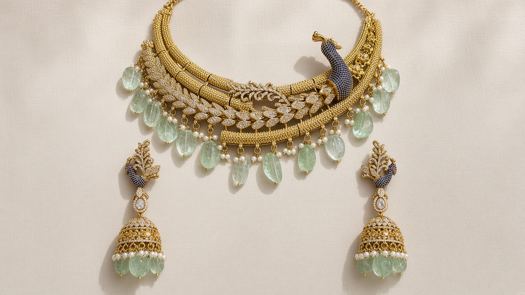 Mayura Sabz Peacock Choker Set, laid flat, full set