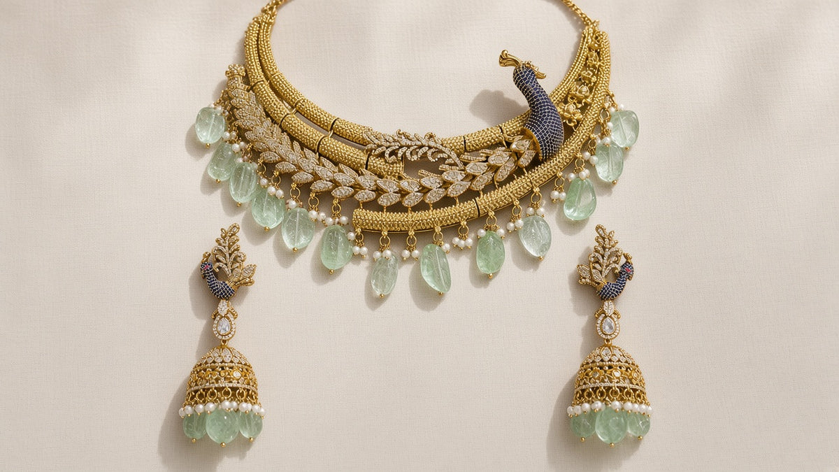 Mayura Sabz Peacock Choker Set, laid flat, full set