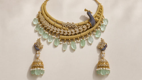 Mayura Sabz Peacock Choker Set, laid flat, full set