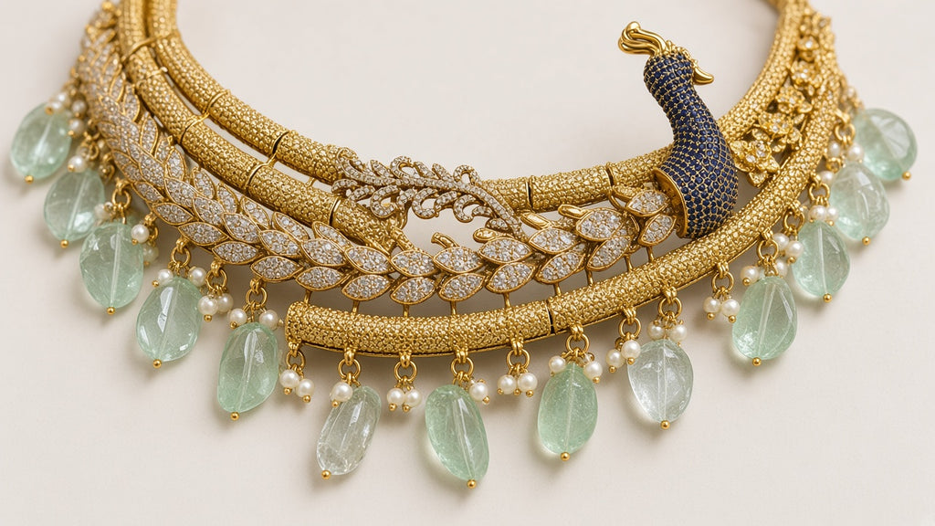 Mayura Sabz Peacock Choker Set, close detail of the stone setting