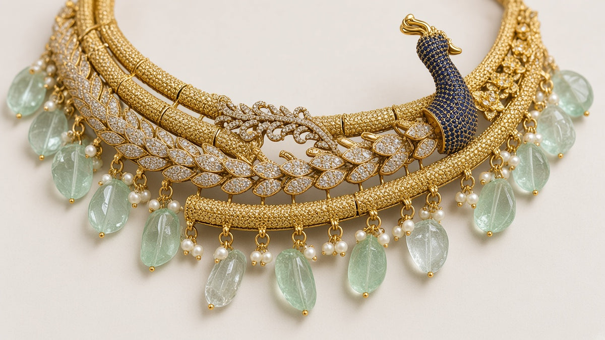 Mayura Sabz Peacock Choker Set, close detail of the stone setting