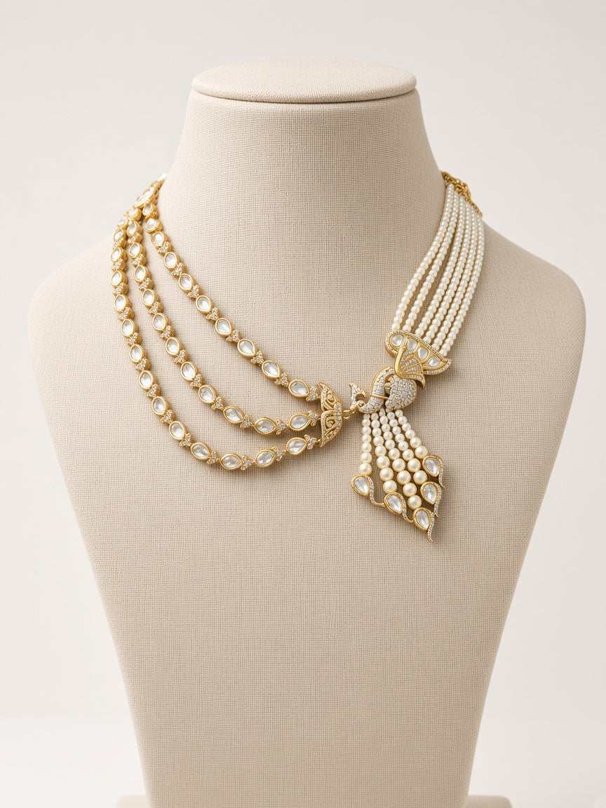 Mayur Moti Polki Pearl Necklace Set, shown on a display bust