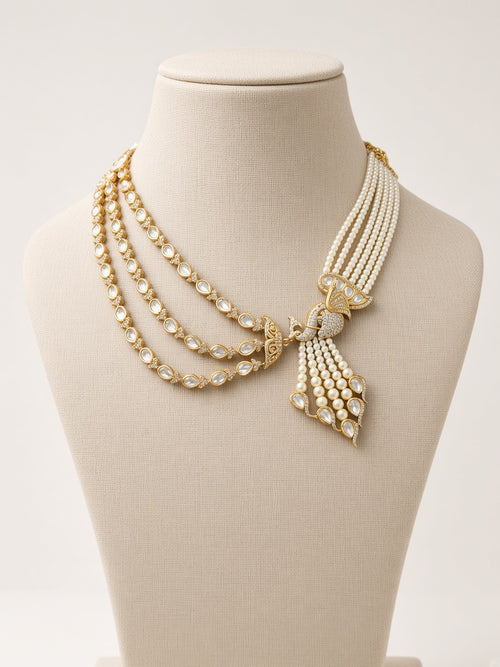 Mayur Moti Polki Pearl Necklace Set, shown on a display bust