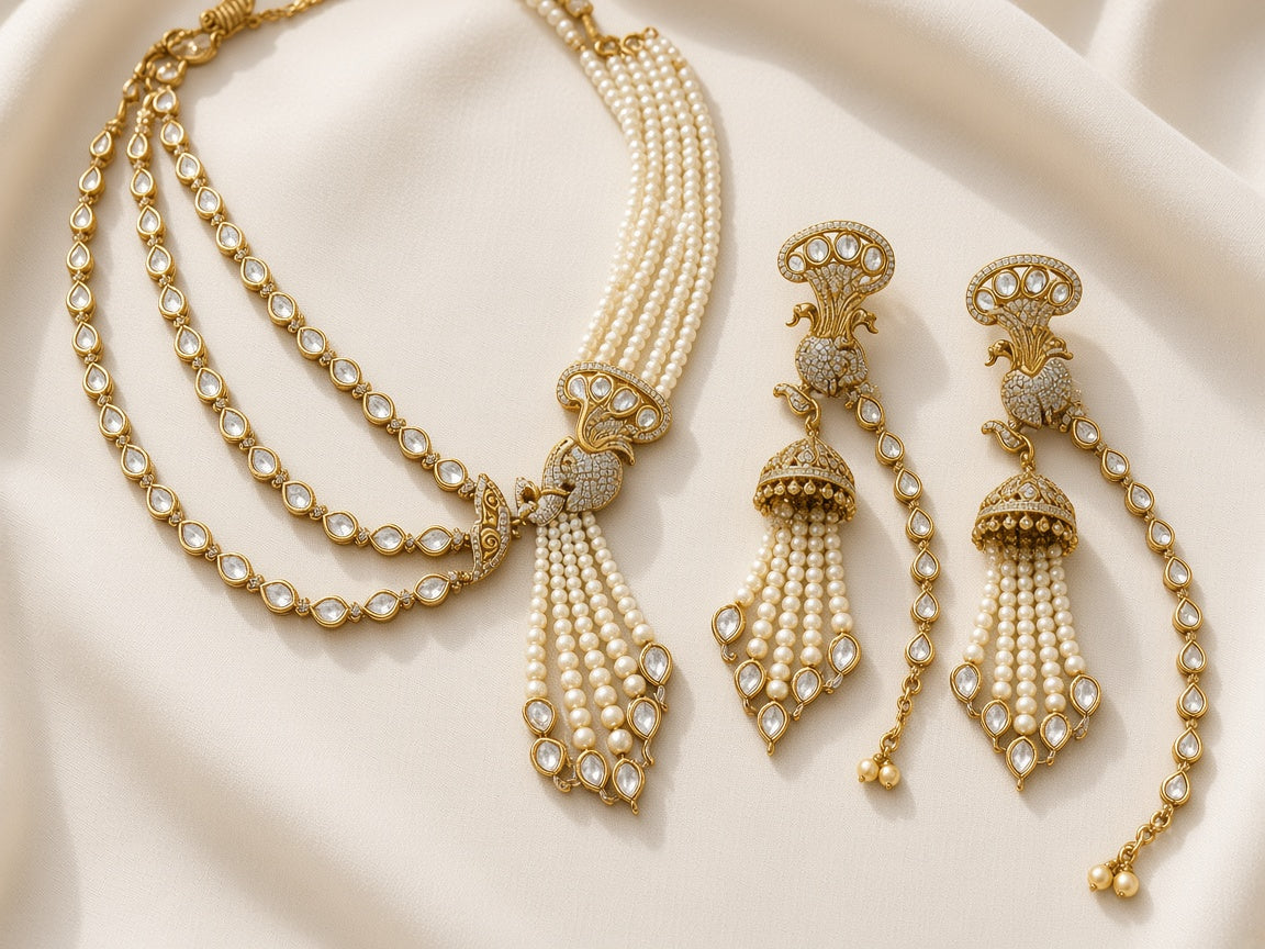 Mayur Moti Polki Pearl Necklace Set, laid flat, full set