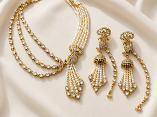 Mayur Moti Polki Pearl Necklace Set, laid flat, full set