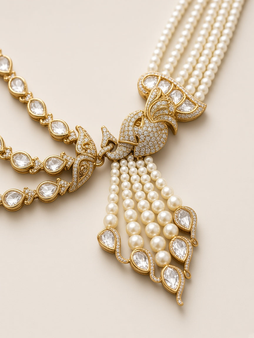 Mayur Moti Polki Pearl Necklace Set, close detail of the stone setting