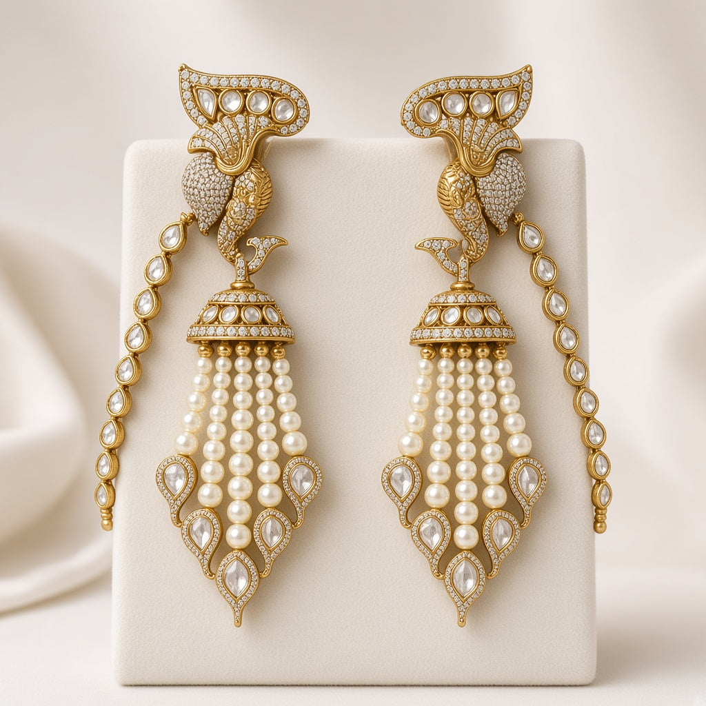 Mayur Moti Polki Pearl Necklace Set, matching earrings