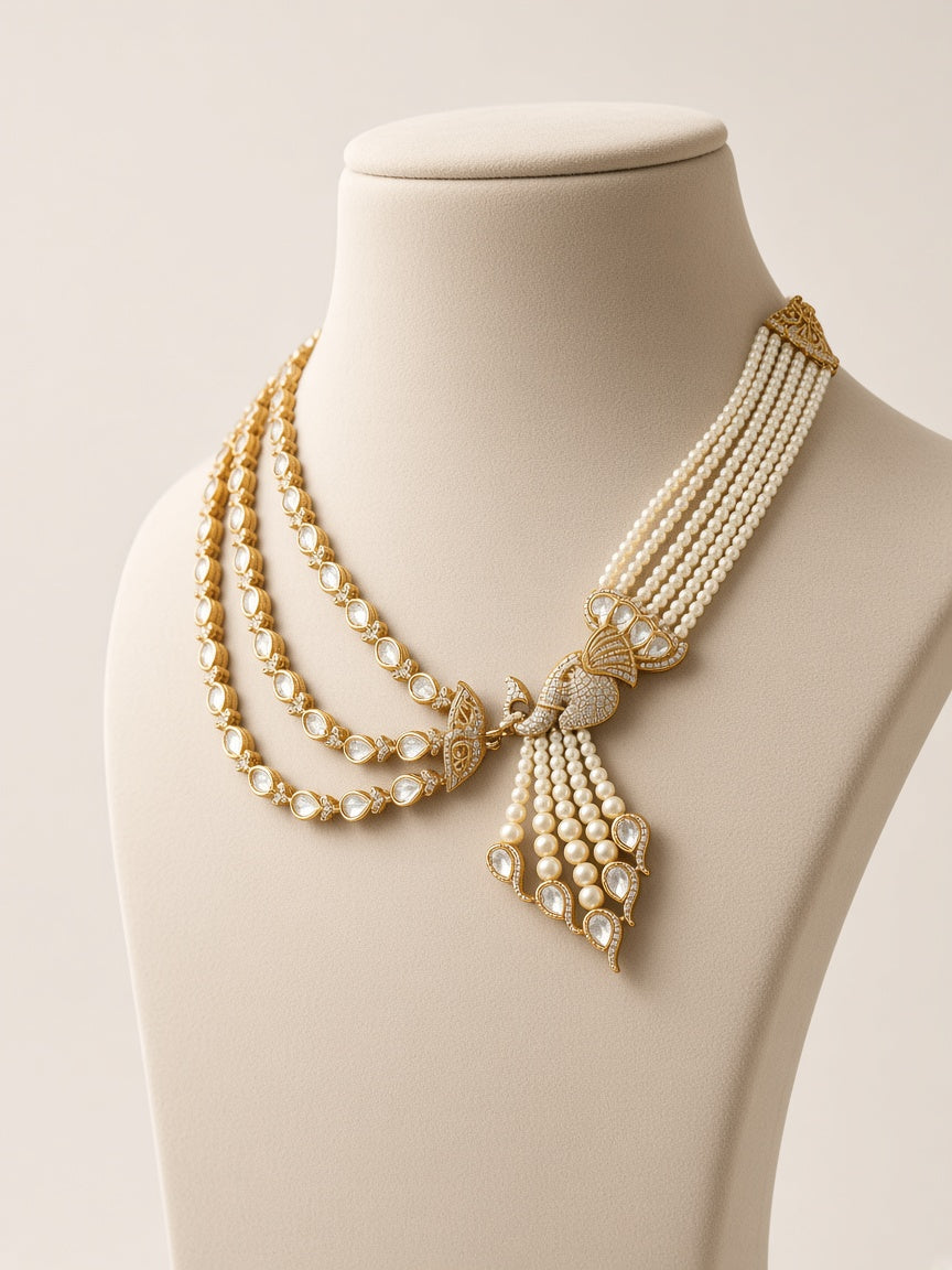 Mayur Moti Polki Pearl Necklace Set, seen from the side