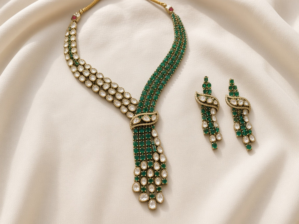 Sabz Polki Cascade Necklace Set, laid flat, full set