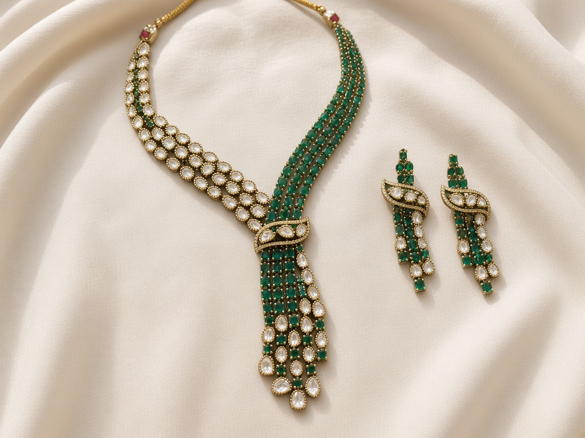 Sabz Polki Cascade Necklace Set, laid flat, full set