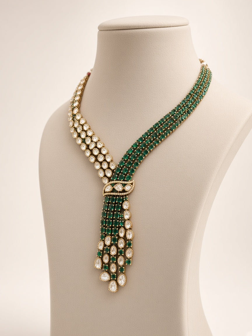 Sabz Polki Cascade Necklace Set, seen from the side
